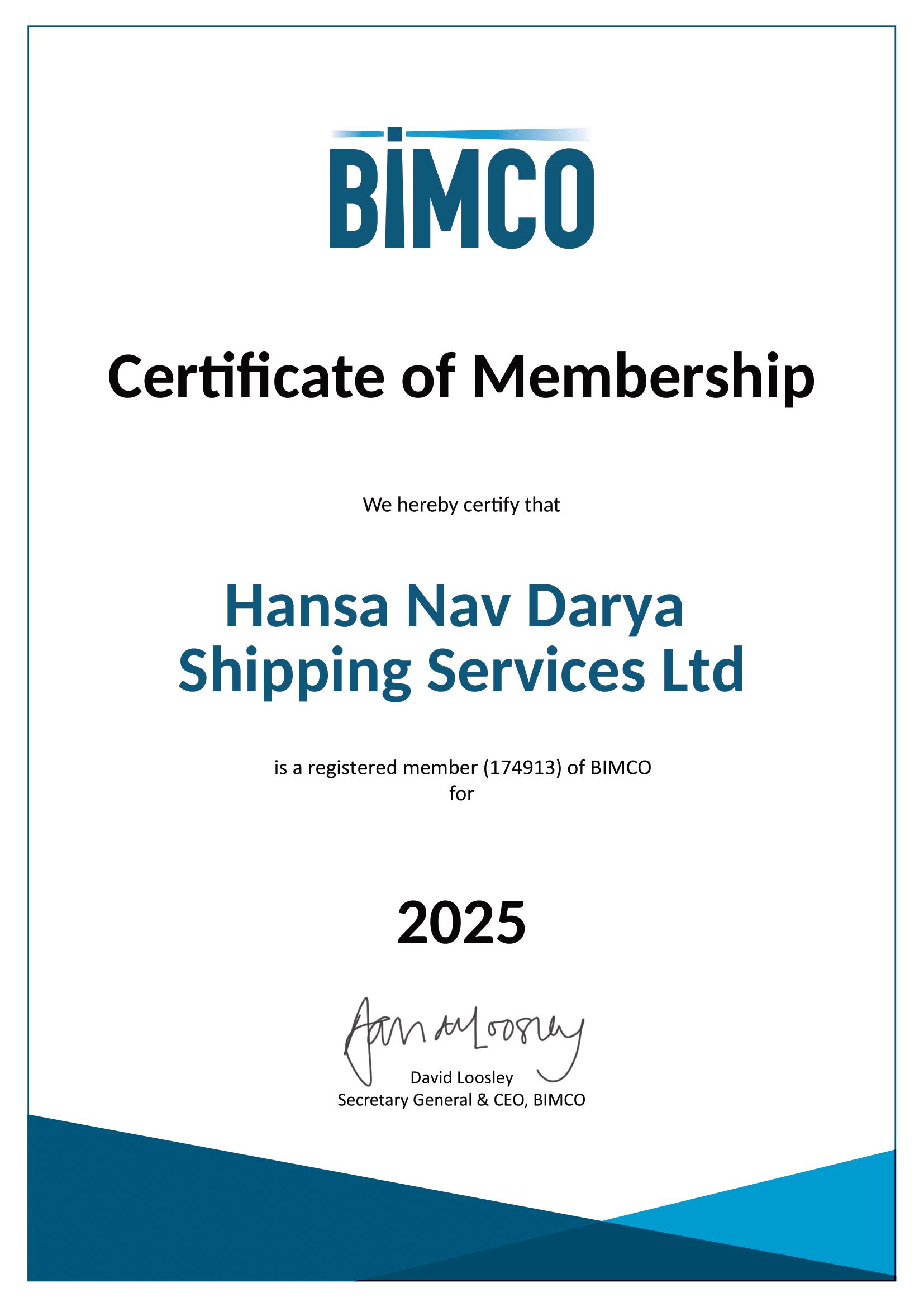 گواهینامه عضویت در BIMCO